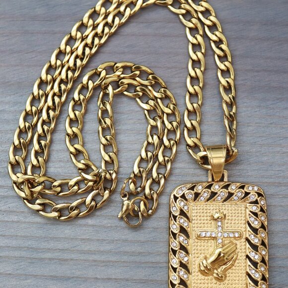 Praying Hands/Cross with Rhinestones Rectangular Shape Pendant Necklace - Picture 3 of 3